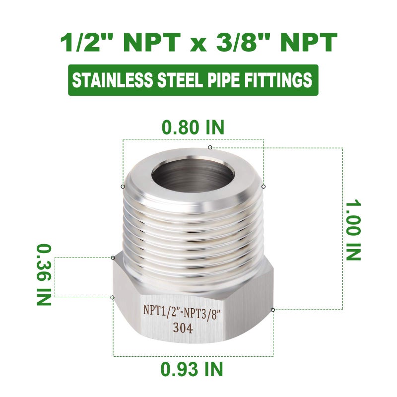 TAISHER 2PCS Forging of 304 Stainless Steel Reducer Hex Bushing, 1/2" Male NPT to 3/8" Female NPT, Reducing Forging Pipe Adapter Fitting - Image 4